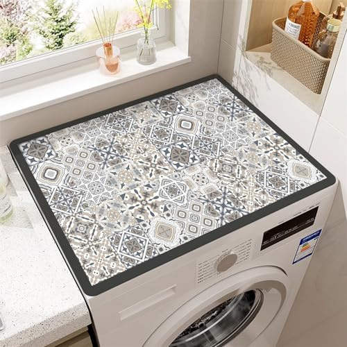 Odot Bohemia Cubierta para Lavadora, Protector Superior Lavadora y Secadora, Alfombra para Lavadora, Antideslizante, para Lavadora Microondas Refrigerador Universal (50x60cm,Cuadros Gris)