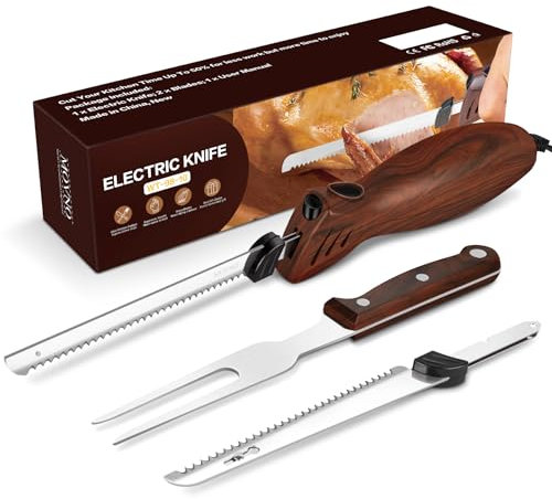 MOVNO elektrisches Messer, elektrisches Messer für Fleisch, Tranchieren von Truthahn, Brot, Geflügel, Filetieren, Schaumstoffbearbeitung und mehr, ergonomischer Griff, Gabel enthalten, Elektromesser
