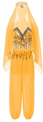 Aislor Damen Bauchtanz Kostüm Set Belly Dance Outfit Indische Verkleidung Set Fransen Glitzer Top + Haremshose Bauchtanz Hose + Kopftuch Tanzkostüm Gelb Einheitsgröße