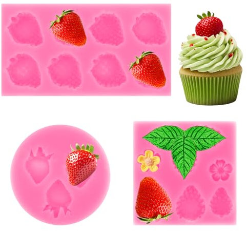 3pcs Strawberry Fondant Molds, 3D Leaves Strawberry Silicone Mould and Flowers Mold for Candle Making, Strawberry Baking Mold, Fondant Mold for DIY Topper Decorating Cupcake Wax Chocolate
