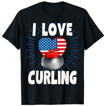 I Love Curling USA Flag 4th of July Winter Sports Man Woman T-Shirt