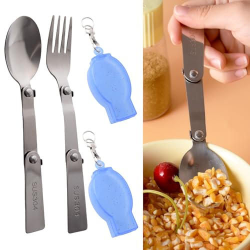 2Pcs Folding Spoon Foldable Stainless Steel Spoons Portable Camping Cutlery Multi-Functional Foldable Fruit Forks Tableware for Outdoors Picnic Thermos Travel