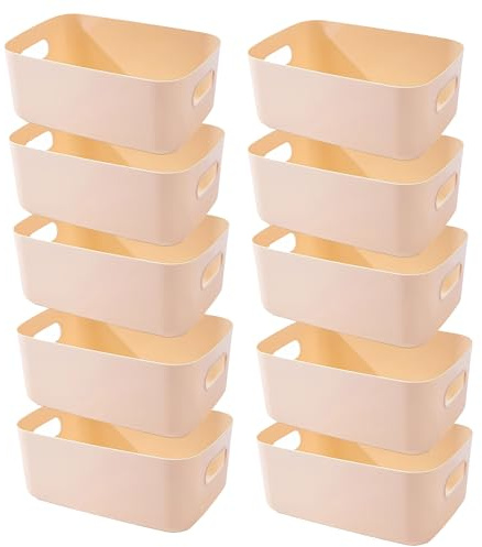 EURXLQ 10 Stück Mini Aufbewahrungsbox Kunststoff Aufbewahrungskorb mit Griffen 15×11×5 cm Badezimmer Organizer Küchenschrank Körbe Aufbewahrung Kunststoffbox für Badezimmer Küche (Beige)