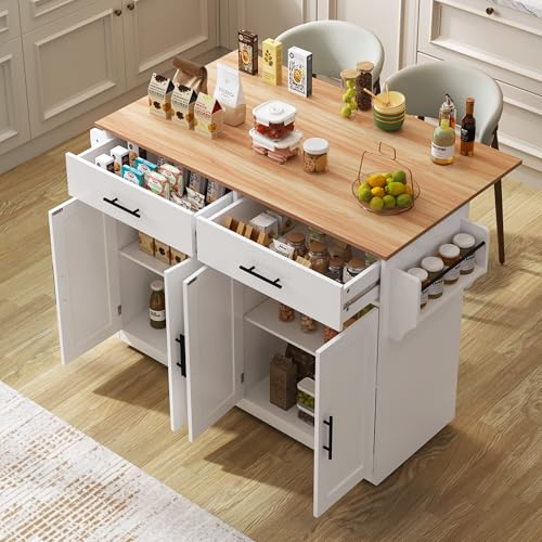 DRIXNO Kücheninsel Küchenschrank mit arbeitsplatte mit Klappbarer Tischplatte, 120x46(70) x91 cm, Weiß mit Rollen und austauschbaren Holzbeinen, Kitchen Island Freistehend, für Küche und Esszimmer