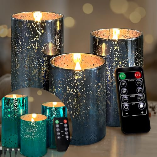NICE POINT LED Kerzen mit Timerfunktion und Fernbedienung, USB Aufladbare Echtwachskerzen 3er Set Pfauenblau, Farbe zufällig: Entweder Marineblau oder Pfauenblau