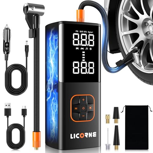 Tire Inflator Portable Air Compressor, 5X Faster Portable Air Pump for Car Tires with Powerful Battery, 180PSI Cordless Air Pump with Digital Pressure Gauge for Cars, Bike & Motorcycle Tires, Ball