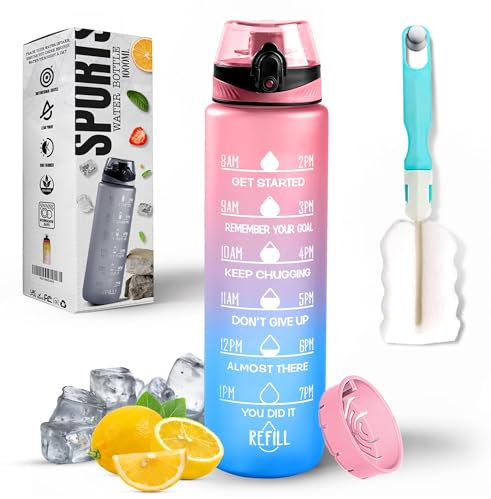 Roe Tenpo Water Bottle 1L, Sports Water Bottle with Time Markings, BPA-Free, Leak-Proof Drinks Bottle, Perfect for Running, Cycling, Gym, Yoga, Camping and Outdoor Activities, Pink & Blue
