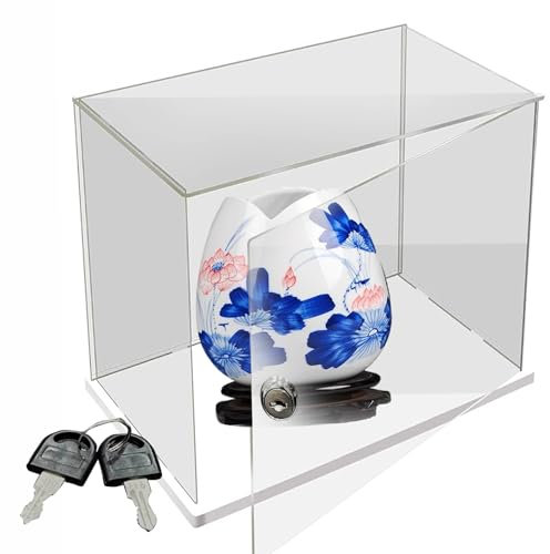 Acryl Vitrine Durchsichtige Vitrinenbox mit Türschloss und Schlüssel, Selbstaufbau-Sammelvitrine aus Acryl mit Weißem Sockel, Auftisch-Ausstellungsbehälter in Voller Größe für Steinhandwerk(45x45x20cm