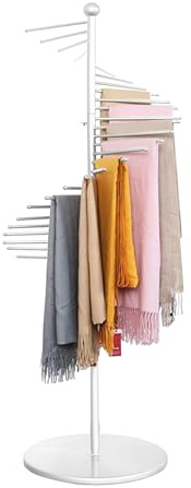 Metal Spiral Scarf Holder, 150/170cm Floor-Standing Scarf Display Rack, Hijab Belt Shawl Ribbon Iron Organizer Rack, with 30 Hanger Rods, Pivoting Stand for Clothing Store, Space Saving (White, 150cm)