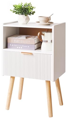 Aibiju Comodino con Cassetto Contenitore, Moderno Comodino con Gambe in Legno Massello, Tavolino in Stile Moderno per Camera Da Letto con 2 Ripiani, Bianco YD-TM061W