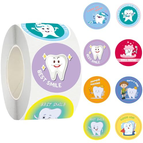 500 Stück Zahn-Aufkleber für Kinder, 3,8 cm Belohnungssticker Rolle, Selbstklebende Cartoon-Zahn Sticker für Zahnarztpraxis, Patientengeschenke, Klassenzimmer Belohnungen, DIY Basteln, Scrapbooking