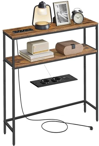 VASAGLE Konsolentisch, schmaler Sofatisch mit 2 Ablagen, 20 x 80 x 80 cm, Flurtisch mit Ladestation, für Wohnzimmer, Flur, Eingangsbereich, vintagebraun-tintenschwarz LNT135KD01