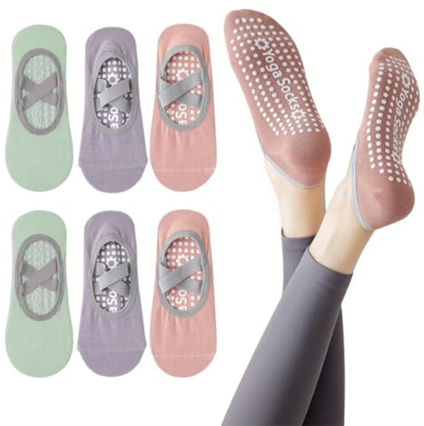3 Paia Antiscivolo Pilates Calze per Donna Ragazza, Calzini Yoga Grip Calzino da Allenamento, Calzini Pilates Sportivi con Cinturino per Yoga, Pilates, Balletto, Danza, Ballo a Piedi Nudi, Fitness