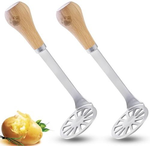 2PS Compact Wooden Handle Potato Masher - Baby Food Masher with Stainless Steel Head, Dishwasher Safe Mashed Potato Tool for Minced Vegetables & Fruits