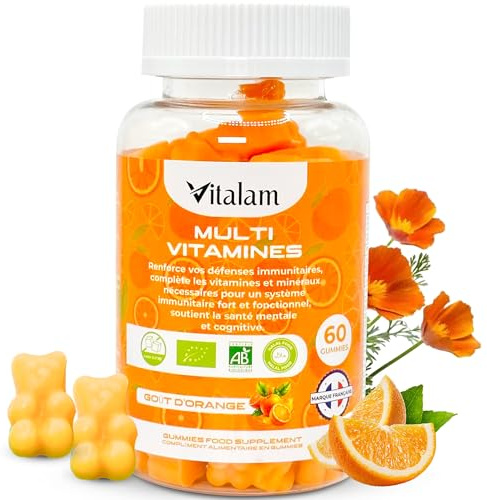 VITALAM Gummies Multivitamines – Gummies Multivitamines et Minéraux, Vitamines A,B,C,D,E,B6,B12 - Vitamines Essentiels pour Adulte & Enfant, Complément alimentaire, Sans Sucre, Goût Orange