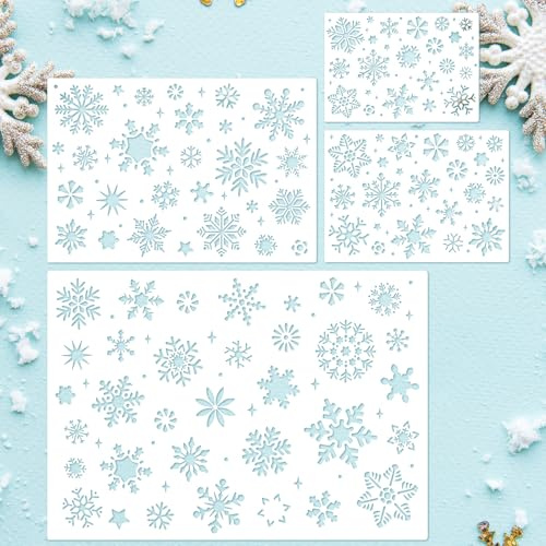 4 stencil di Natale con fiocchi di neve, riutilizzabili, per il fai da te, stencil di Natale da dipingere su parete in legno, decorazione per la casa (fiocco di neve)