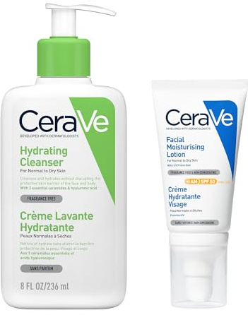 CeraVe Set detergente idratante + lozione idratante viso AM SPF50, detergente delicato per il viso e idratante quotidiano con ceramidi e acido ialuronico, 236 ml + 52 ml