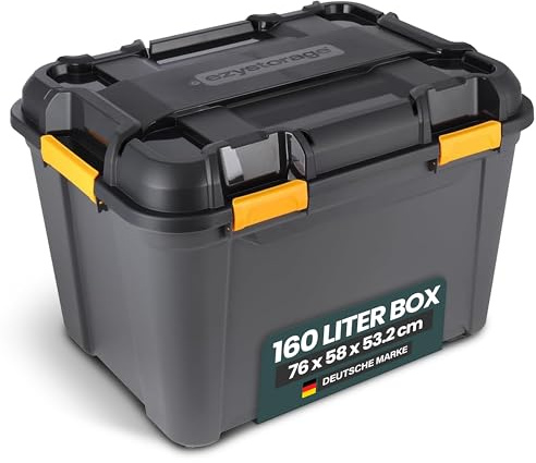 Kreher® Lagerbox Bunker Tough Aufbewahrungsbox mit Deckel und Silikondichtung (IP67/IPX7). Aus robustem Kunststoff in verschiedenen Größen. Ideal für feuchte Räume, Keller, Garage, Camping uvm. (160L)
