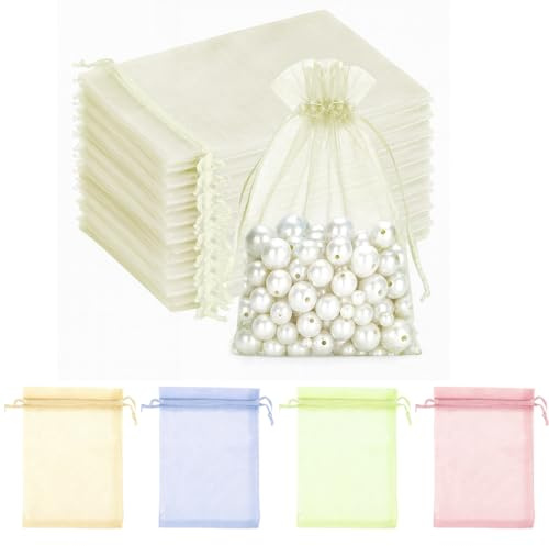 JYNVO 100 Pièces Sachet Organza 7 x 9 cm, Sacs Cadeau en Organza, Sachets cadeaux avec cordon de serrage, Petit sac cadeau pochette bijoux mariage, pour Cadeaux, Anniversaire, Noël, Cinq couleurs