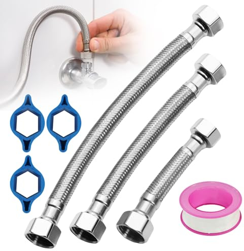 3 Stück Flexschlauch Panzerschlauch 1/2 zoll 10cm/20cm/30cm und 1 Dichtungsband Flexibler Verbindungsschlauch Edelstahl Anschlussschlauch Armatur für Wasserhahn Bad WC Eckventil