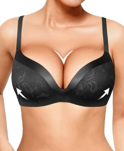 Wireless Pushup Bra Lace Bras for Women No Underwire Deep V Bralettes with Support and Lift Comfortable Bra 3D Molded Black