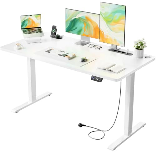 HLONONE Höhenverstellbarer Schreibtisch mit USB-Ladeanschluss und Steckdose, 100 × 60 cm Elektrischer Schreibtisch, Verstellbarer Computertisch mit 2-Funktions-Memory, Weiß