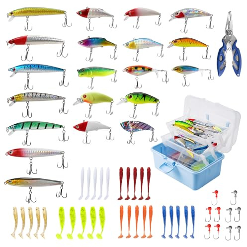 FUNANASUN Angeln Köder Set, 61 Stück Angeln HKöder Gemischt mit Köderbox, AngelzubehörKöder Set, Hartköder für Zander, Forelle, Barsch, Angelzubehör Ausrüstung für Süßwasser Salzwasser Fischen