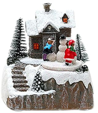 Fictory Casa di Natale animata con luci LED e musica, palla di neve Cottage Decor con figura di pupazzo di neve, decorazione da tavolo per le vacanze per la casa