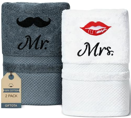 Giftota Hochzeitsgeschenke für Brautpaar 2-teiliges Bestickt Handtuch Set | 100% Baumwolle Handtücher 35 x 75 cm - Mr und Mrs Geschenk Hochzeit, Paar Geschenke