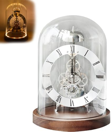 WUCIOA Vintage-Glasglocken-Uhr mit Quarzuhrwerk, Klassische mechanische Zahnraduhr, warmes Licht, Licht- und Klangsteuerung, Stundenschlag, Stummmodus, für Elegante Wohnkultur(Silver)