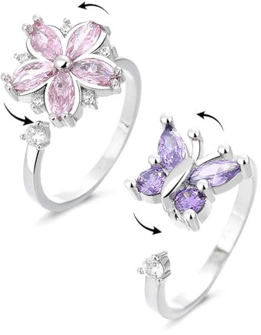 UYRVAPE 2 Stück Anxiety Ring Damen Silber Fidget Ring Set, Verstellbar Anti Stress Mit Kristall Zirkon Blumen Schmetterling für MäDchen Herren Geburtstags-Party-Geschenke