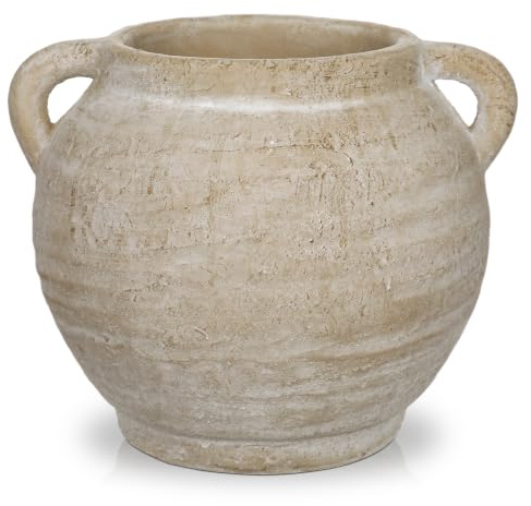 Jarrón rústico de cemento de doble mango de 19 cm, jarrones decorativos de cerámica, diseño vintage de ánfora, jarrones de cerámica rústica, jarrón rústico bohemio para flores secas, hierba de las