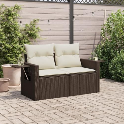 PHGTYUK Gartensofa 2-Sitzer Braun Poly Rattan mit Kissen und Ablageflächen, Bequemes PE Rattan Sofa für Garten und Terrasse, Modulares Design mit waschbaren Bezügen