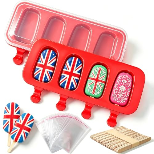 2 Pack Ice Lolly Moulds Popsicles Moulds, Homemade Cake Pop Cakesicle Moulds Silicone Popcical Moulds, 4 Cavities Ice Pop Cream Moulds Maker with 50 Wooden Sticks & 50 Popsicle Bags for DIY Popsicles