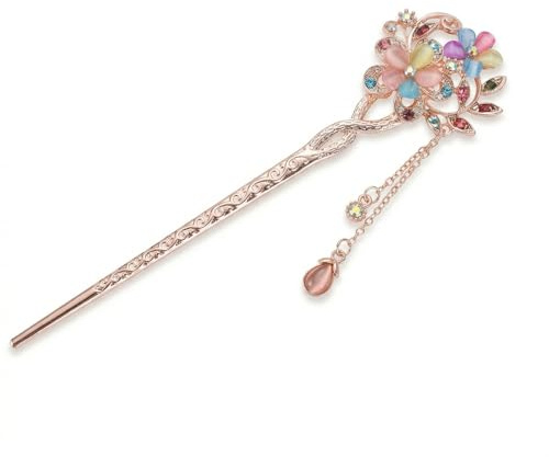 Bastoncino per Capelli Vintage Forcina Cinese in Metallo con Fiori e Nappa, Bastoncino per Capelli Retrò con Strass Colorati per Donna, Accessori per Capelli con Bacchette Giapponesi