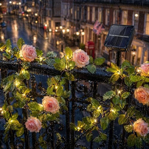 Solar Rose Vine String Lights, Rose Fairy Lights, 2.2m 20 LED Pink Artificial Flower Ivy String Lights, 8 Lighting Modes Fake Leaf Decoration Garden Lights for Balcony Terrace Fence Wedding Party