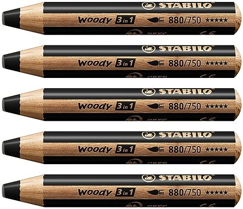 STABILO - Buntstift, Wasserfarbe & Wachsmalkreide - woody 3 in 1-5er Pack - schwarz