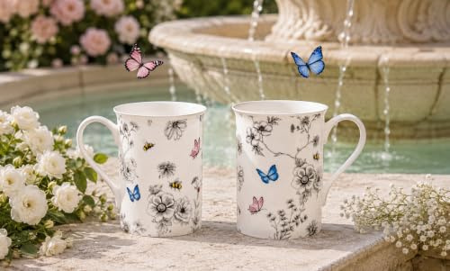 fromeuropewithlove Secret Garden Mugs Set of 2 Fine Bone China Flowers Butterflies and Bees Mugs Hand Decorated in the UK