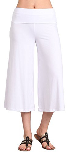 HEYHUN Dam enfärgade breda ben utsvängda capri boho Gaucho-byxor med spetsdetalj, Vitt, M