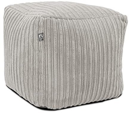 rucomfy Beanbags Corduroy Cube Footstool Bean Bag - Modern Square Pouffe for Living Room & Bedroom - Machine Washable Cover - 38cm x 38cm x 38cm - Platinum Grey