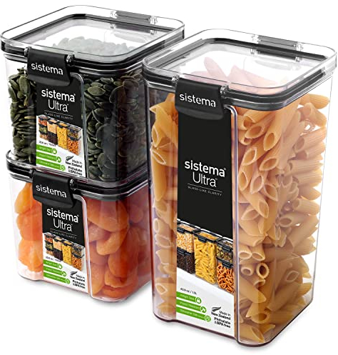 Sistema Ultra Tritan Contenitori ermetici per dispensa e cucina | 3 Contenitori per alimenti di plastica quadrati con coperchi (1 x 1,3 L + 2 x 700 ml) | Impilabili | Con clip | Privi di BPA