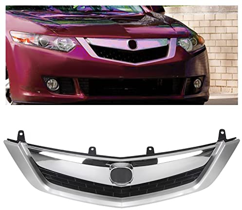 ECOTRIC Front Grille Compatible With 2009-2010 Acura TSX 2010 2009 Chrome Bumper Mesh Grille Cover Molding Vent Hood Trim Grill ABS Plastic With Silvery