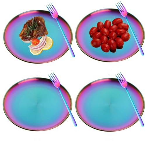 Regenbogenfarbenes Edelstahl-Speiseteller-Set mit Gabel, 8 Stück, bunte Metall-Dessertteller für Essen, Abendessen, Camping, indisch, spülmaschinenfest