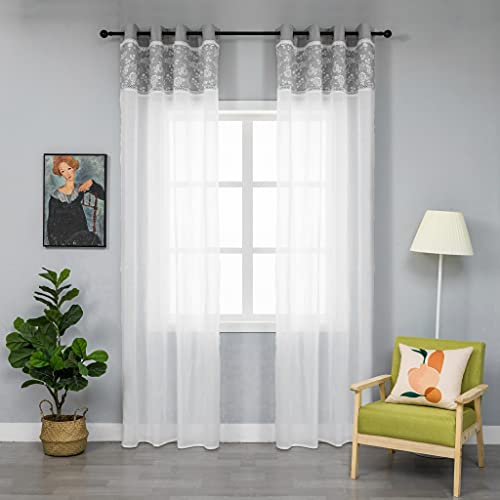 Coppia Tende Bianche Semi Trasparenti con Orlo Superiore Grigio Stampato Rose Tenda Stile Shabby Chic per Soggiorno Camera Balcone Finestra e Interni 2 Pannelli con Occhielli (Grigio, 140x280cm)