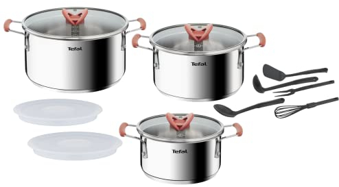 Tefal OptiSpace - Juego 3 ollas 18/20/24 cm + tapa de plástico y acero inoxidable + 5 accesorios, asas antideslizante toque frío, marcas de medida, apto horno y lavavajillas, todo tipo de cocinas