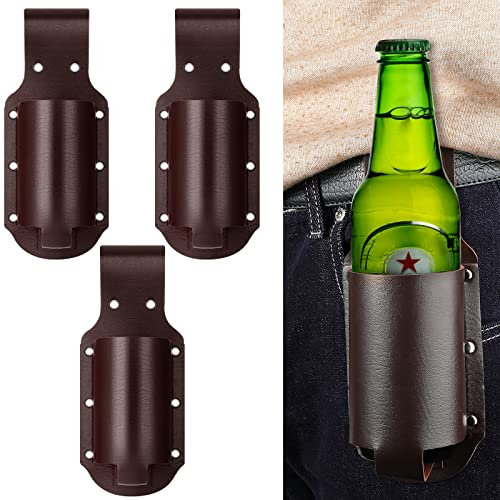 3 Stück Bierholster Classic PU Leder Bierholster Flaschenhalter Bierhalter Gürtel Getränk Hüfttasche Getränkehalter für Reisen Outdoor, Espresso Braun