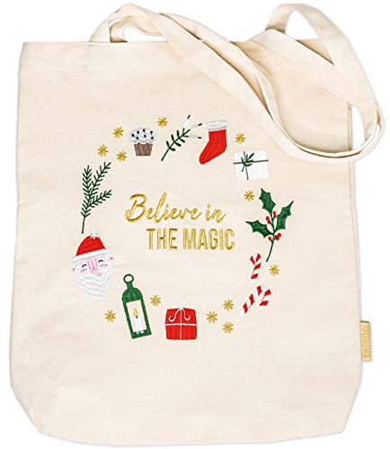 Papierdrachen Jutebeutel Weihnachten 2026 - große Canvas-Tragetasche - Stickerei Believe in magic - stabile Einkaufstasche - Geschenkverpackung