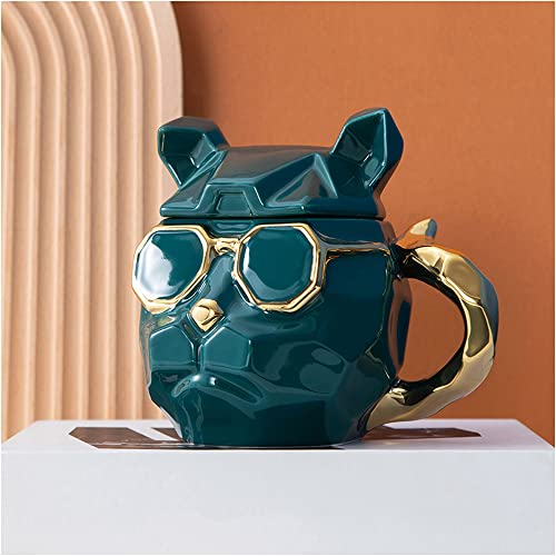 Hosoncovy 3D Cool Dog Ceramic Coffee Mug With Lid - Animal Drink Cup Gift (Green)