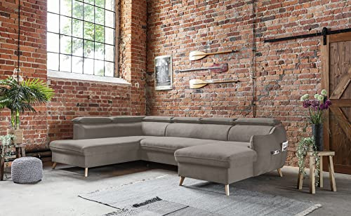 MIUFORM Ecksofa U-Form mit Bettfunktion und Bettkasten Kopfstütze | Sweet Harmony Ecksofa Wohnschlandschaft Schlafcouch | Easy Clean Stoff Samt (Dunkelbeige, Links ausgerichtet) | Ecksofa mit Schlaffunktion, Schlafsofa mit Bettkasten, Sofa U Form mit Kopfstütze, 312x208x95/82cm, Big Sofa Bed, Stoff Samt