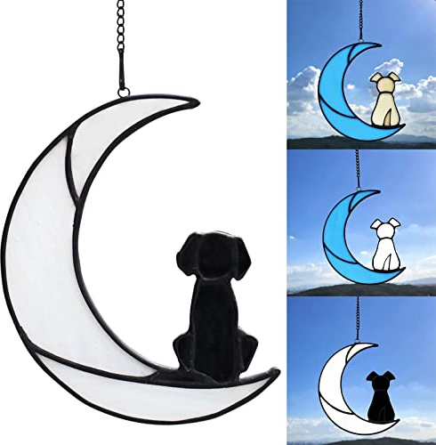 TITA-DONG Sun Catcher for Window Panels Halloween Ornaments, Stained Glass Pet Dog Memorial Gifts for Dog Lovers, Dog On Moon Art Suncatcher Stained Glass Panel Wall Window Decoration(White & Black)